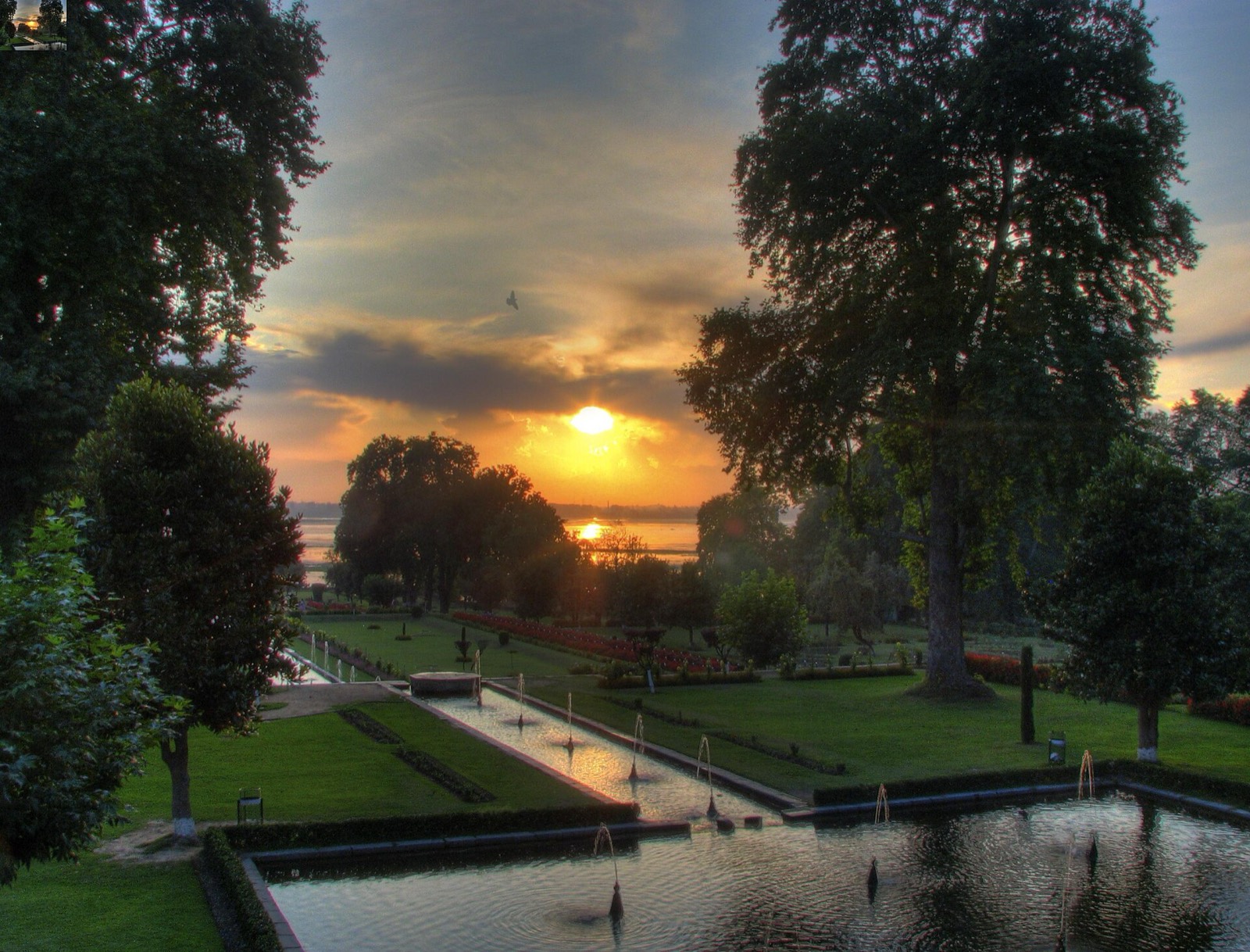Sunset over the terraced Nishat Bagh Mughal garden in Srinagar